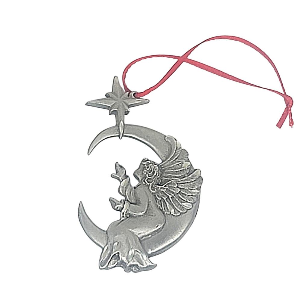 Vtg 1995 Rawcliffe Pewter Angel Crescent Moon Under Christmas Star Ornament CL15